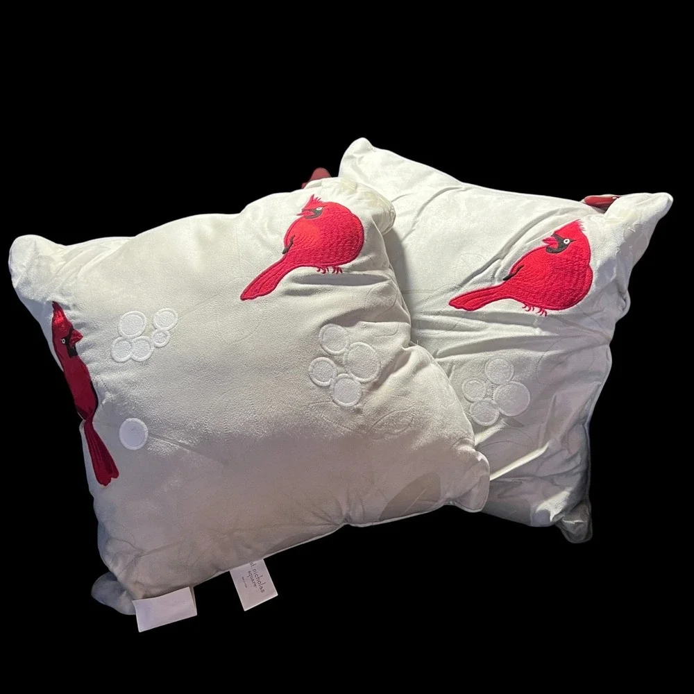2 St. Nicholas Ivory Throw Pillows 14x14 Red Cardinals Christmas‎ Winter Decor